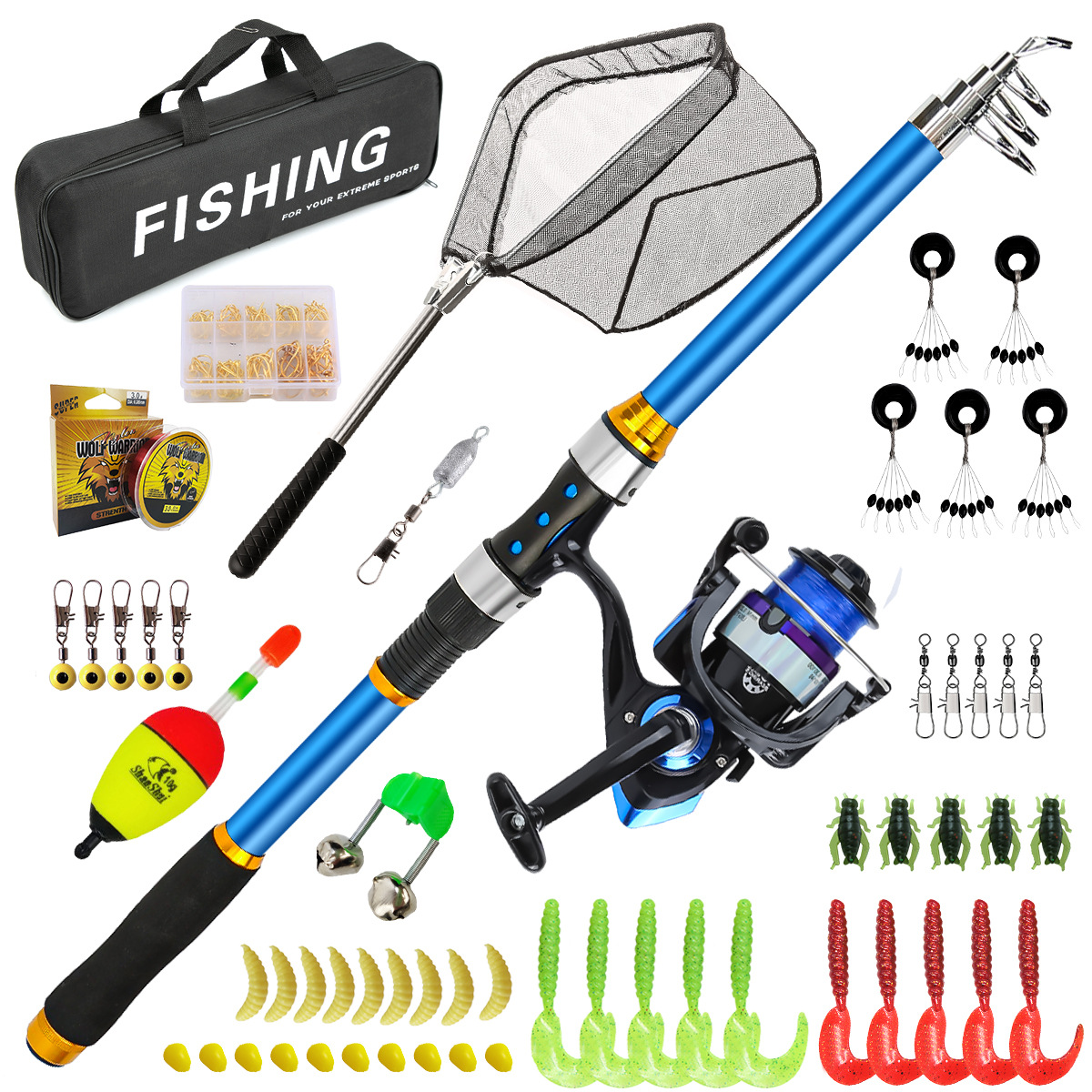 Fishing Rod Combo - 2,1–3,6 m Teleskop-Angelruten-Set aus Glasfaser mit